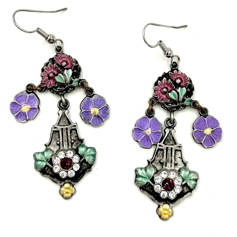 Vintage Don-Lin Dangle Earrings Silver Tone Floral Enamel Rhinestone